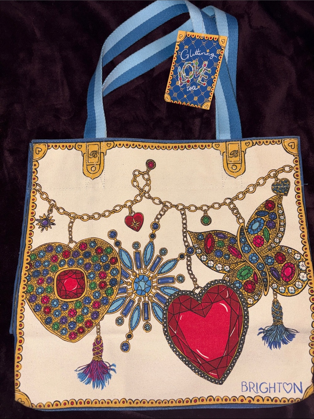 NWT RARE Brighton Cream Tote with Blue Straps and Multicolor Jeweled Motifs